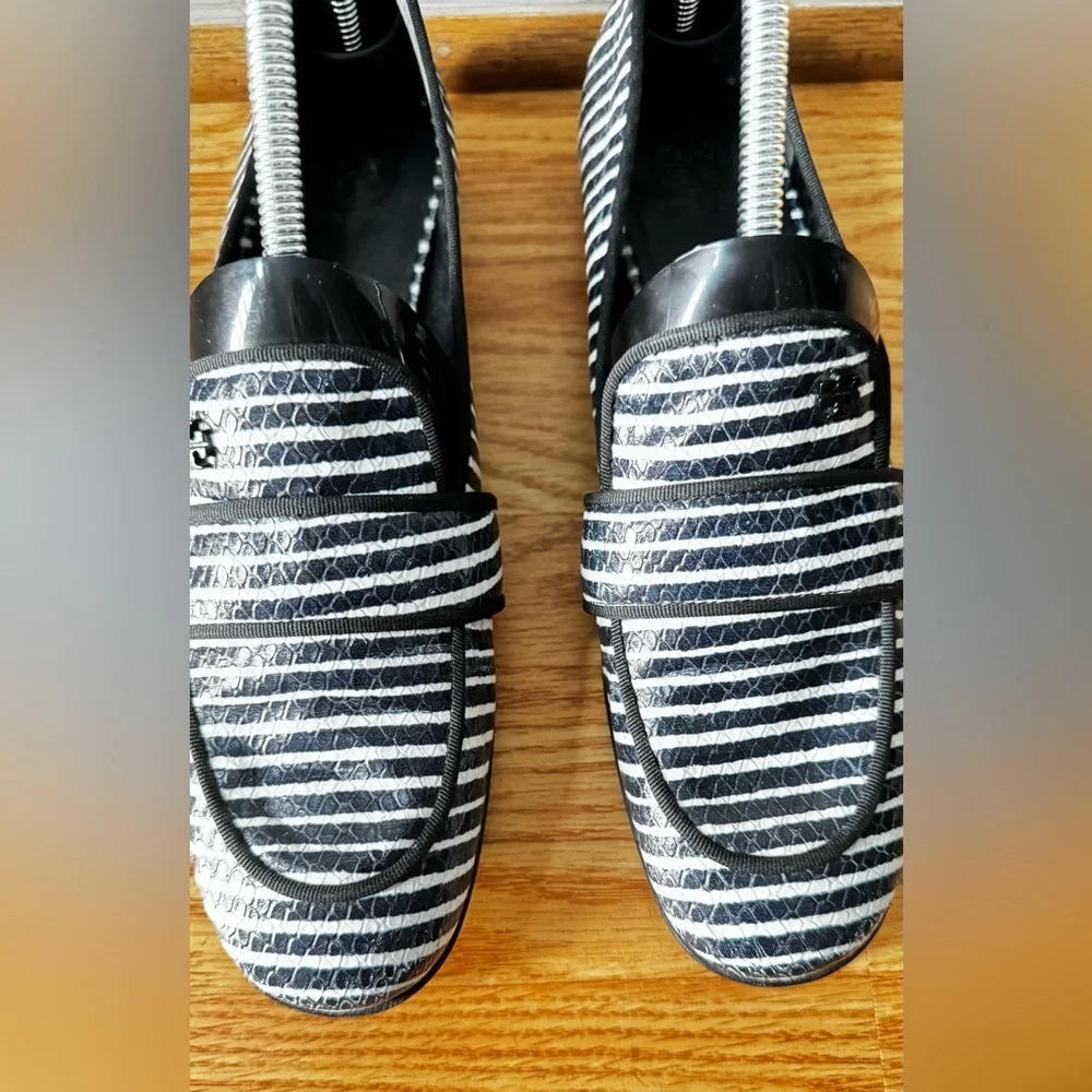 Tory Burch Blue/White Stripe Snakeskin Embossed Leather Smoking Slippers Size 9M